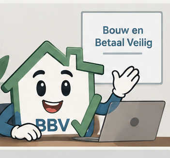 De BBV-mascotte achter een laptop